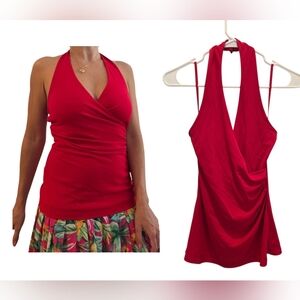 Lauren Ralph Lauren Open Back Halter Top Womens XS Y2K Deep V-neck Red Stretch‎